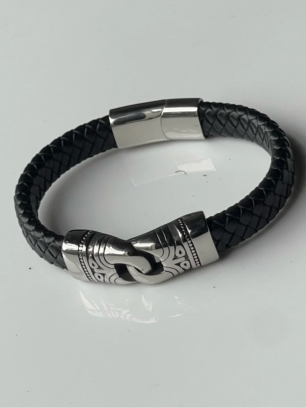 Men's Black Braided Leather Bracelet with Silver Clasp